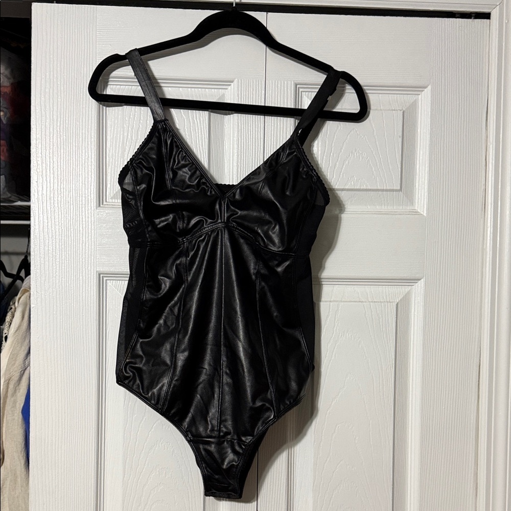 Sleek Black Faux-Leather Women’s V-Neck Bodysuit